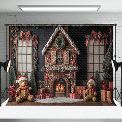 Aperturee - Aperturee Gingerbread House Bear Bow Christmas Photo Backdrop