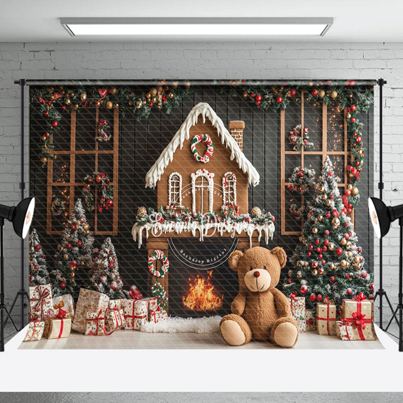 Aperturee - Aperturee Gingerbread House Bear Fireplace Christmas Backdrop