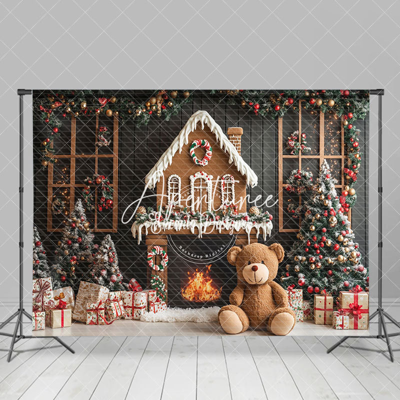 Aperturee - Aperturee Gingerbread House Bear Fireplace Christmas Backdrop