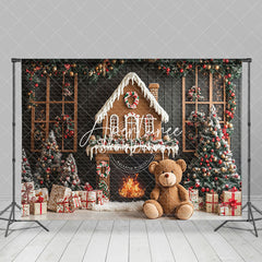 Aperturee - Aperturee Gingerbread House Bear Fireplace Christmas Backdrop