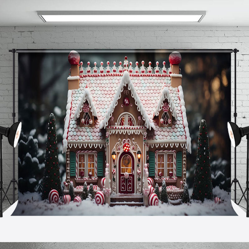 Aperturee - Aperturee Gingerbread House Candy Blurry Christmas Backdrop