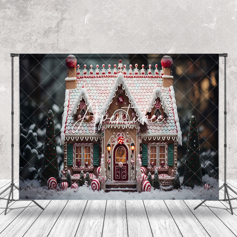 Aperturee - Aperturee Gingerbread House Candy Blurry Christmas Backdrop