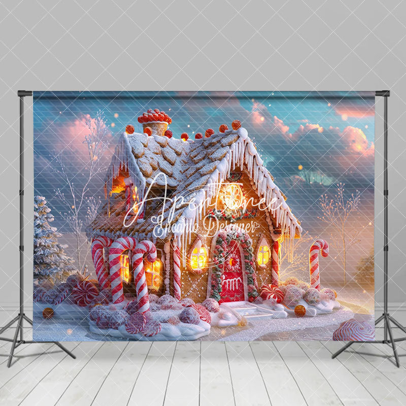 Aperturee - Aperturee Gingerbread House Candy Cane Sky Christmas Backdrop