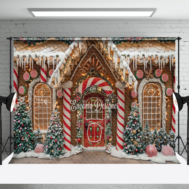 Aperturee - Aperturee Gingerbread House Candy Cane Xmas Photo Backdrop