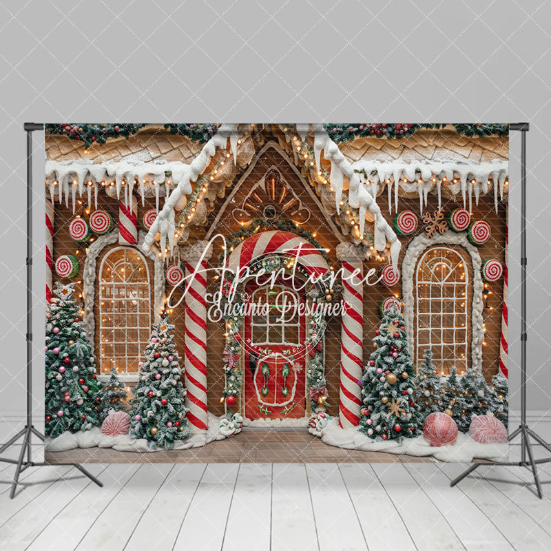 Aperturee - Aperturee Gingerbread House Candy Cane Xmas Photo Backdrop