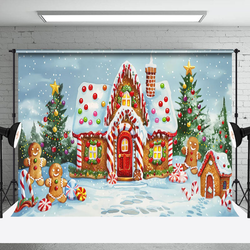 Aperturee - Aperturee Gingerbread House Doll Snow Field Christmas Backdrop