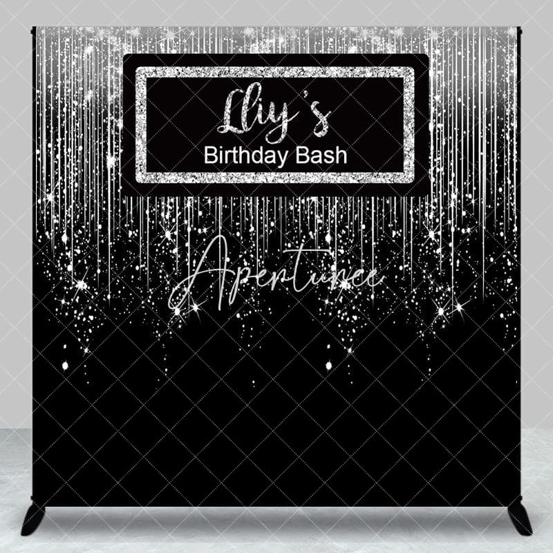 Aperturee - Aperturee Glitter Black Silver Custom Name Birthday Backdrop