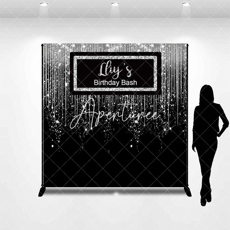 Aperturee - Aperturee Glitter Black Silver Custom Name Birthday Backdrop