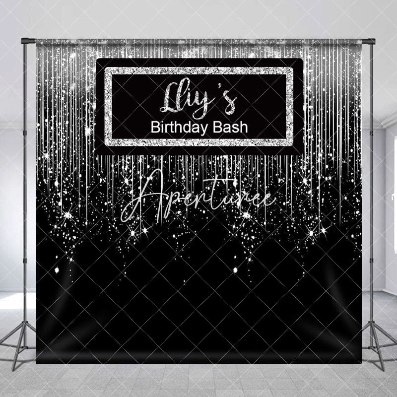 Aperturee - Aperturee Glitter Black Silver Custom Name Birthday Backdrop