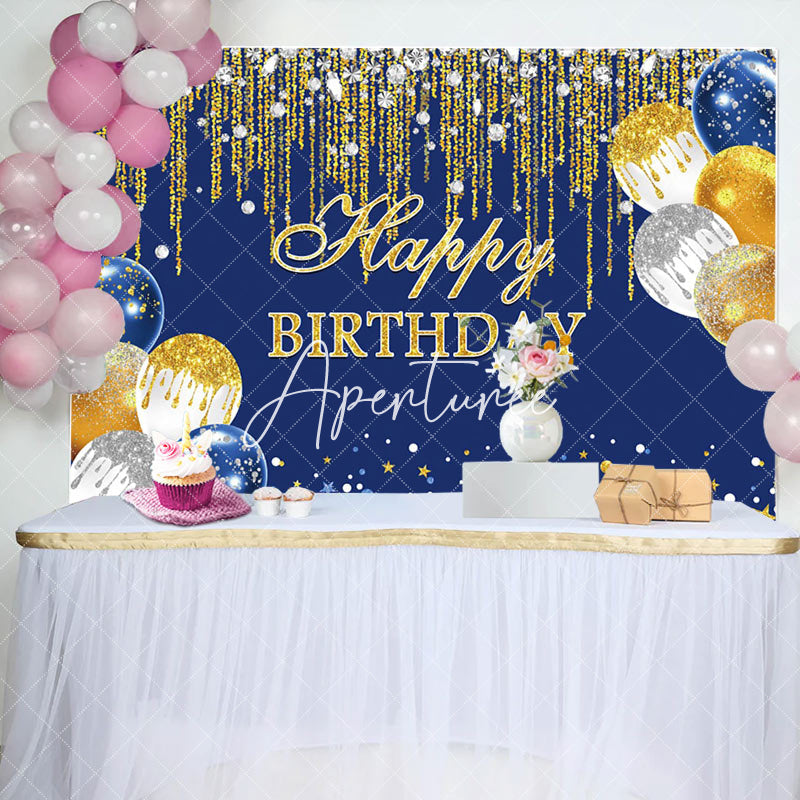 Aperturee - Aperturee Glitter Diamond Balloon Navy Blue Birthday Backdrop