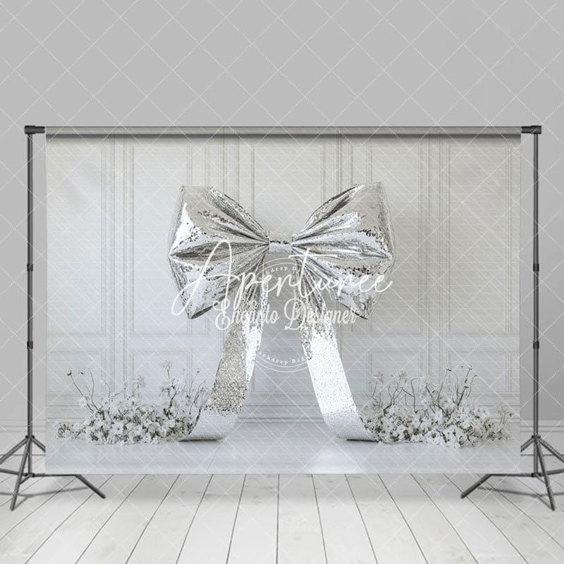 Aperturee - Aperturee Glitter Silver Bow White Floral Wedding Backdrop