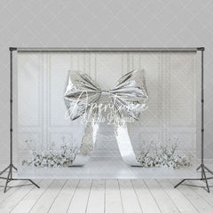 Aperturee - Aperturee Glitter Silver Bow White Floral Wedding Backdrop