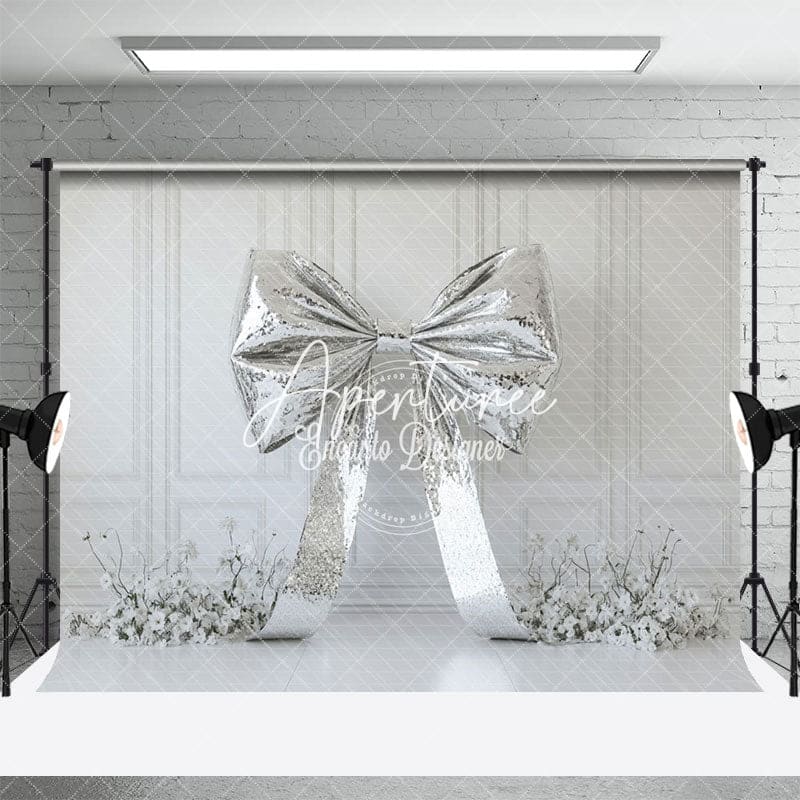 Aperturee - Aperturee Glitter Silver Bow White Floral Wedding Backdrop