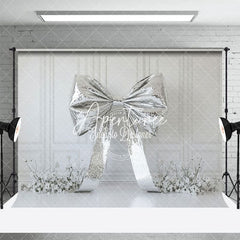 Aperturee - Aperturee Glitter Silver Bow White Floral Wedding Backdrop