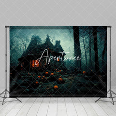 Aperturee - Aperturee Gloomy Deserted Cabin Tree Pumpkin Halloween Backdrop