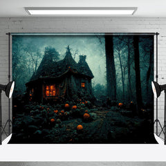 Aperturee - Aperturee Gloomy Deserted Cabin Tree Pumpkin Halloween Backdrop