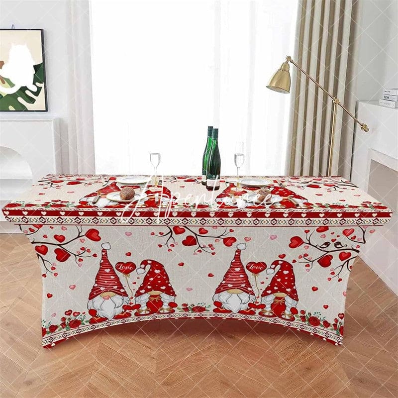 Aperturee - Aperturee Gnome Lover Rose Fitted Valentines Stretch Table Cover