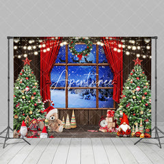 Aperturee - Aperturee Gnome Trees Snowy Window Scene Christmas Backdrop