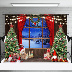 Aperturee - Aperturee Gnome Trees Snowy Window Scene Christmas Backdrop