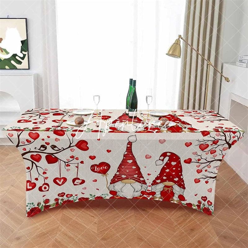 Aperturee - Aperturee Gnome With Rose Valentines Day Stretch Table Cover