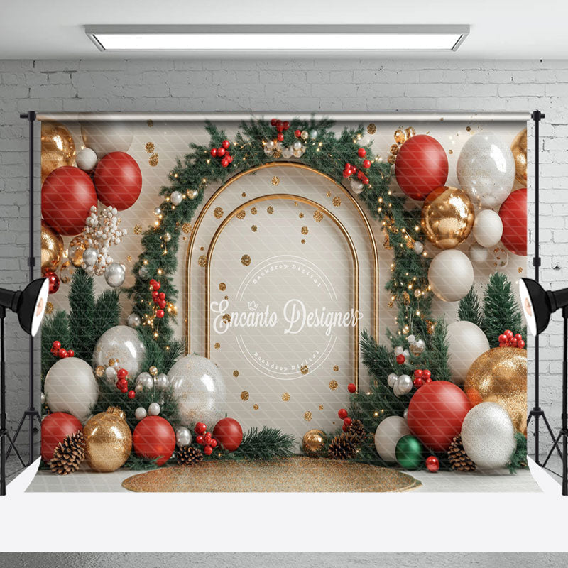 Aperturee - Aperturee Gold Arch Balloons Pine Leaves Christmas Backdrop