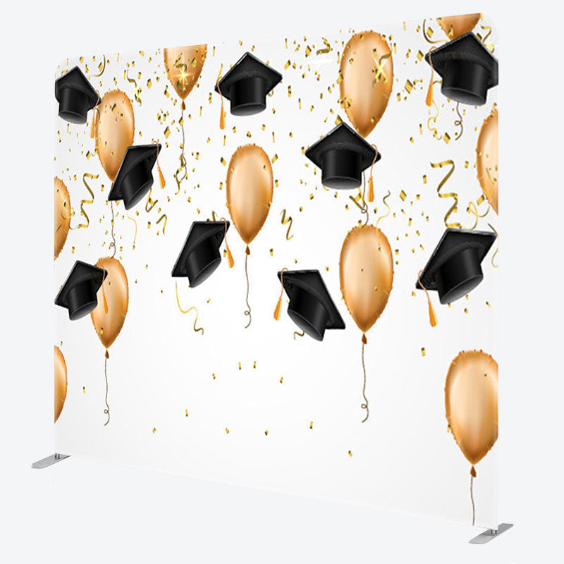 Aperturee - Aperturee Gold Balloons Ribbons Black Caps Graduation Backdrop