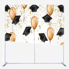 Aperturee - Aperturee Gold Balloons Ribbons Black Caps Graduation Backdrop