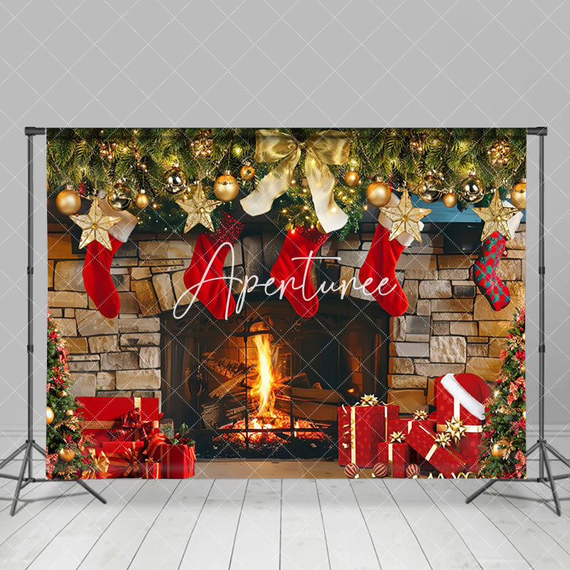 Aperturee - Aperturee Gold Bauble Red Socks Fireplace Gift Xmas Backdrop