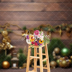 Aperturee - Aperturee Gold Bells Pine Leaves Brown Wood Christmas Backdrop