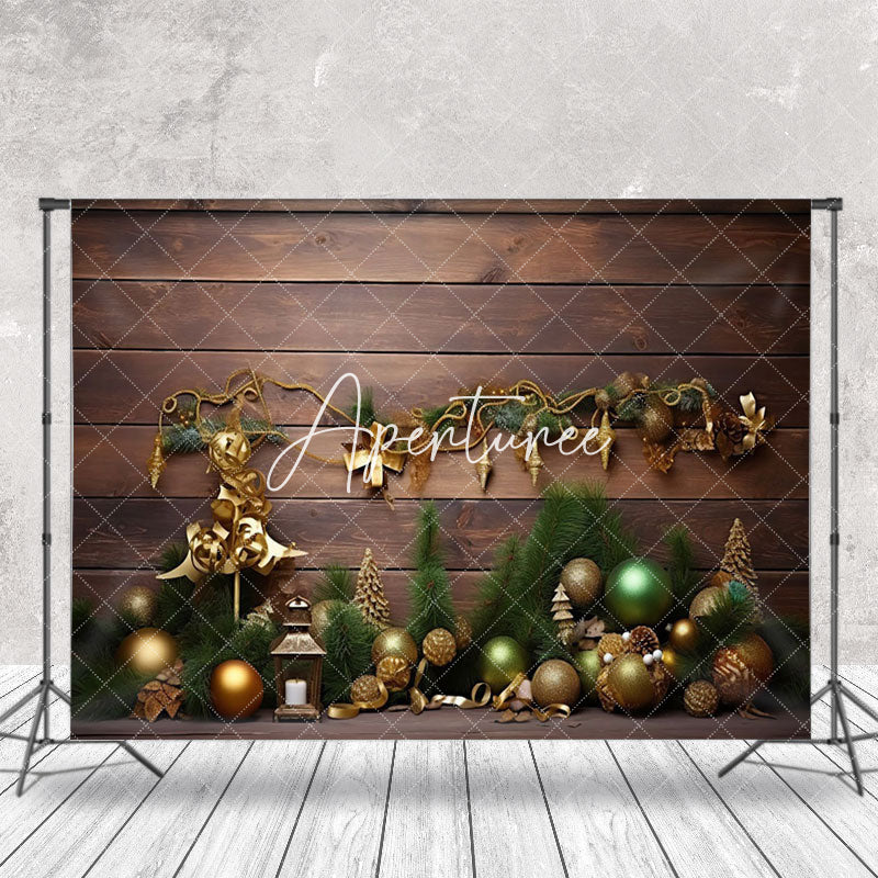 Aperturee - Aperturee Gold Bells Pine Leaves Brown Wood Christmas Backdrop