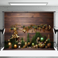 Aperturee - Aperturee Gold Bells Pine Leaves Brown Wood Christmas Backdrop