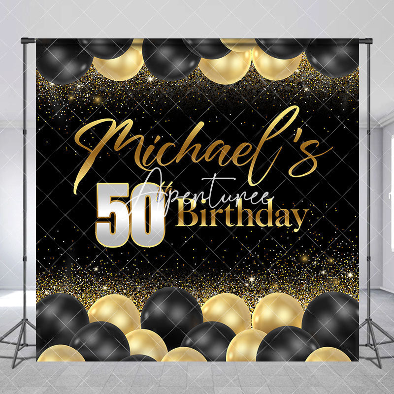 Aperturee - Aperturee Gold Black Balloon Custom Name 50th Birthday Backdrop