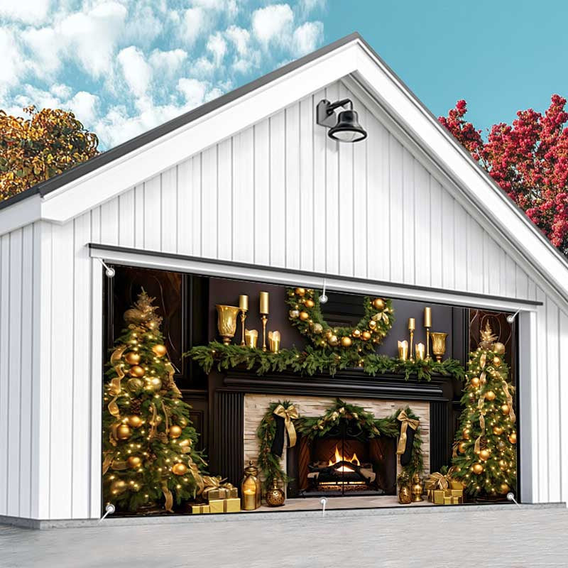 Aperturee - Aperturee Gold Black Elegant Fireplace Xmas Garage Door Banner