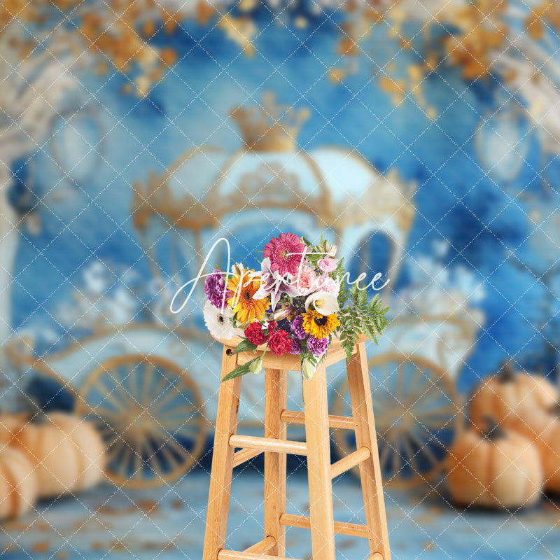 Aperturee - Aperturee Gold Blue Carriage Pumpkin Cake Smash Photo Backdrop