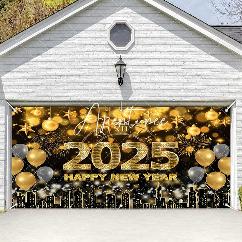 Aperturee - Aperturee Gold Bokeh Balloons City 2025 Garage Door Banner