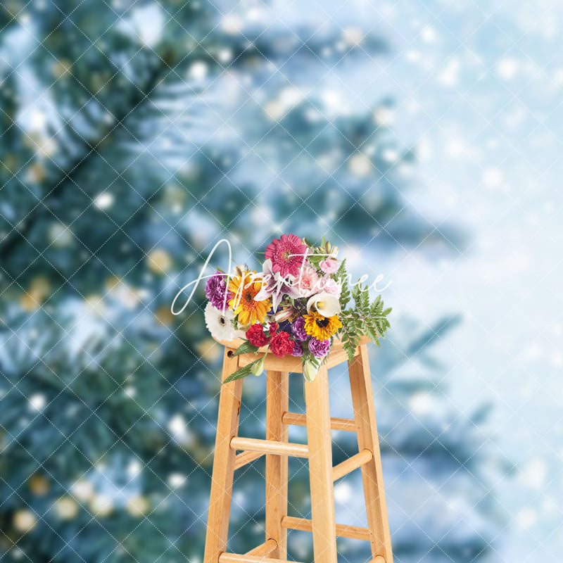 Aperturee - Aperturee Gold Bokeh Pine Leaves Snowy Winter Photo Backdrop