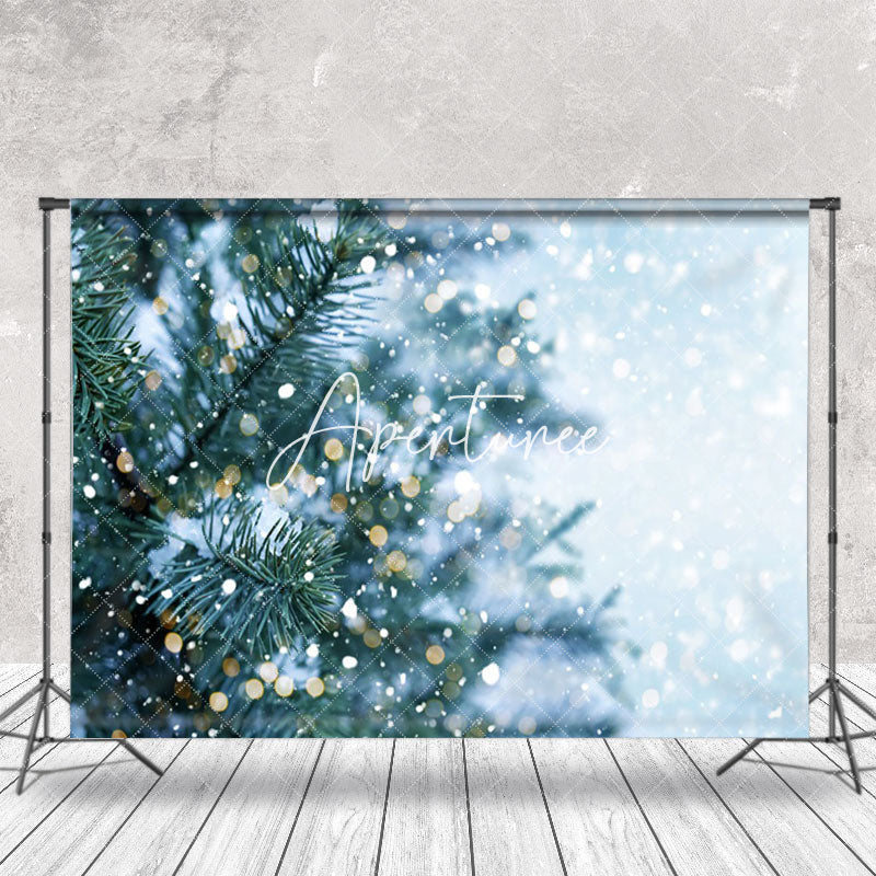 Aperturee - Aperturee Gold Bokeh Pine Leaves Snowy Winter Photo Backdrop