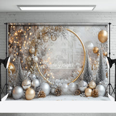 Aperturee - Aperturee Gold Circle Snowy Leaves Bells Christmas Backdrop