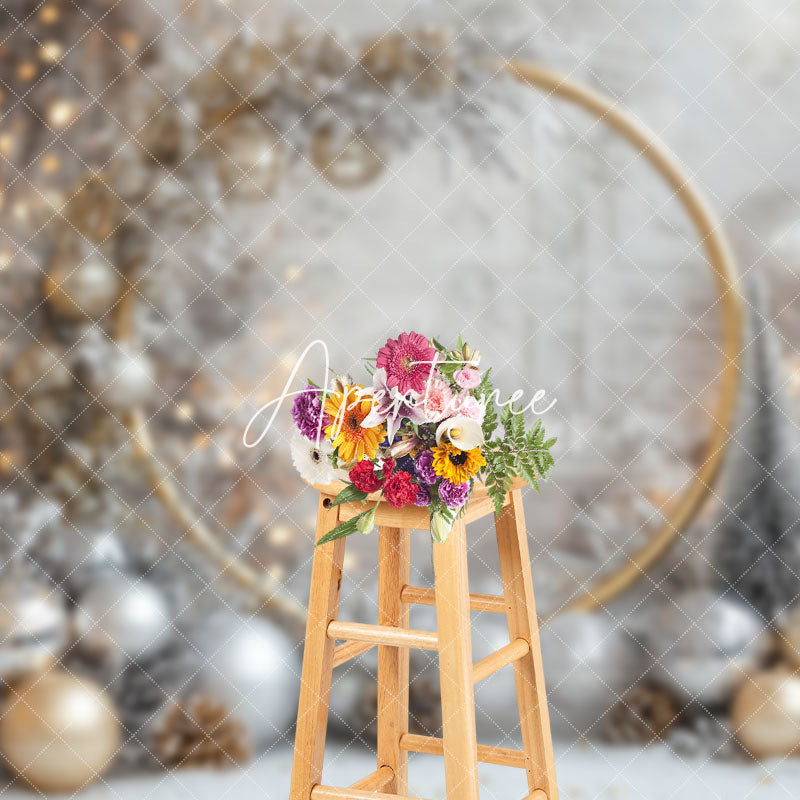 Aperturee - Aperturee Gold Circle Snowy Leaves Bells Christmas Backdrop