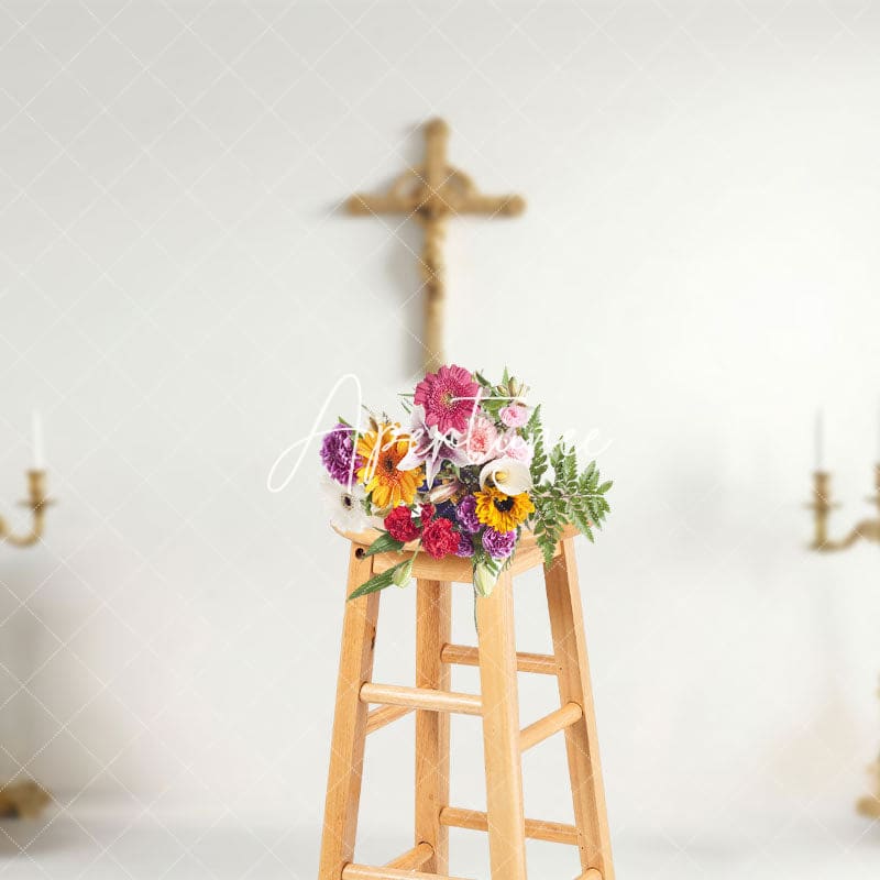 Aperturee - Aperturee Gold Cross Candlestick Simple First Communion Backdrop