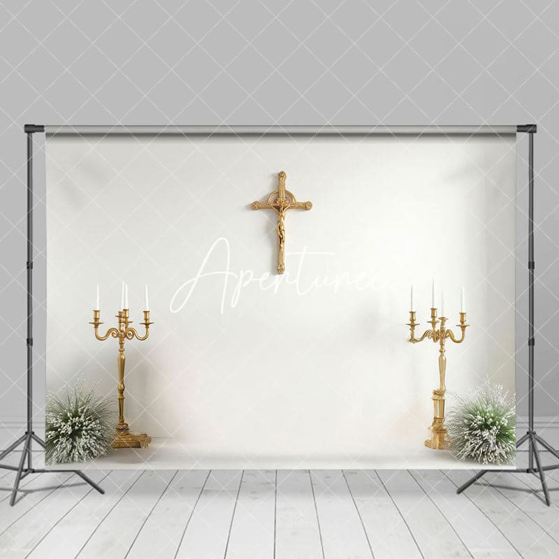 Aperturee - Aperturee Gold Cross Candlestick Simple First Communion Backdrop