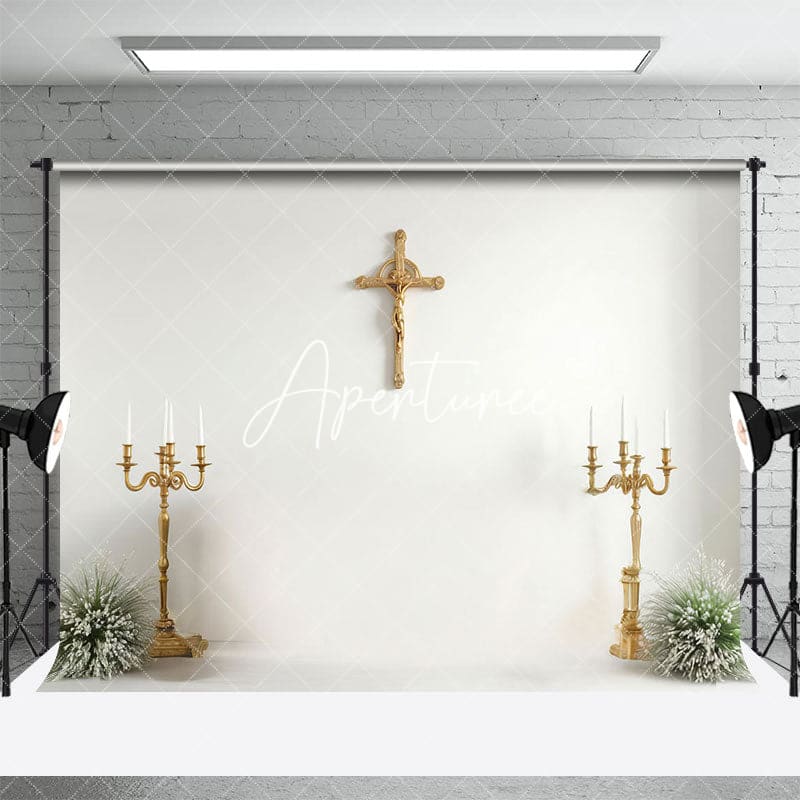 Aperturee - Aperturee Gold Cross Candlestick Simple First Communion Backdrop