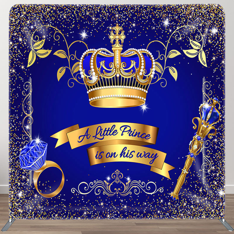 Aperturee - Aperturee Gold Crown Blue Fabric Backdrop Cover for Baby Shower