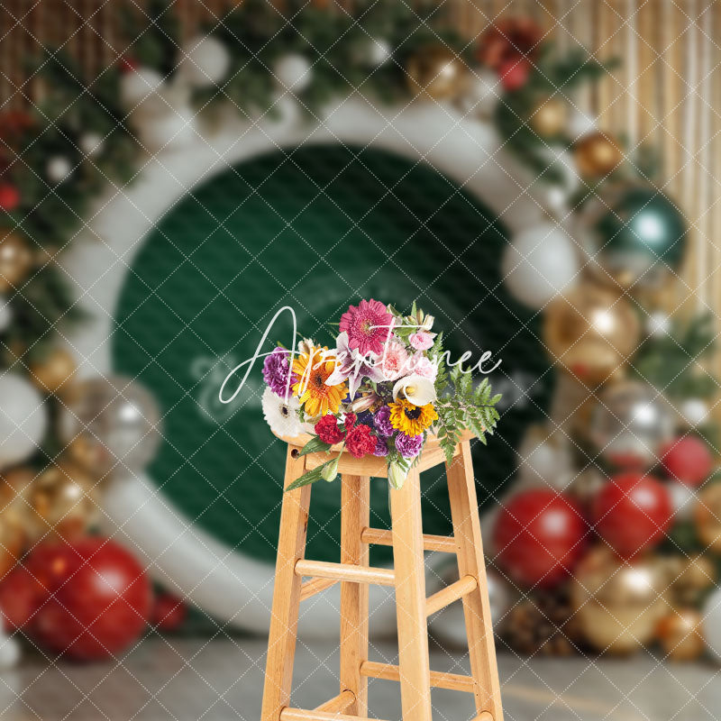 Aperturee - Aperturee Gold Curtain Balloon Green Circle Christmas Backdrop