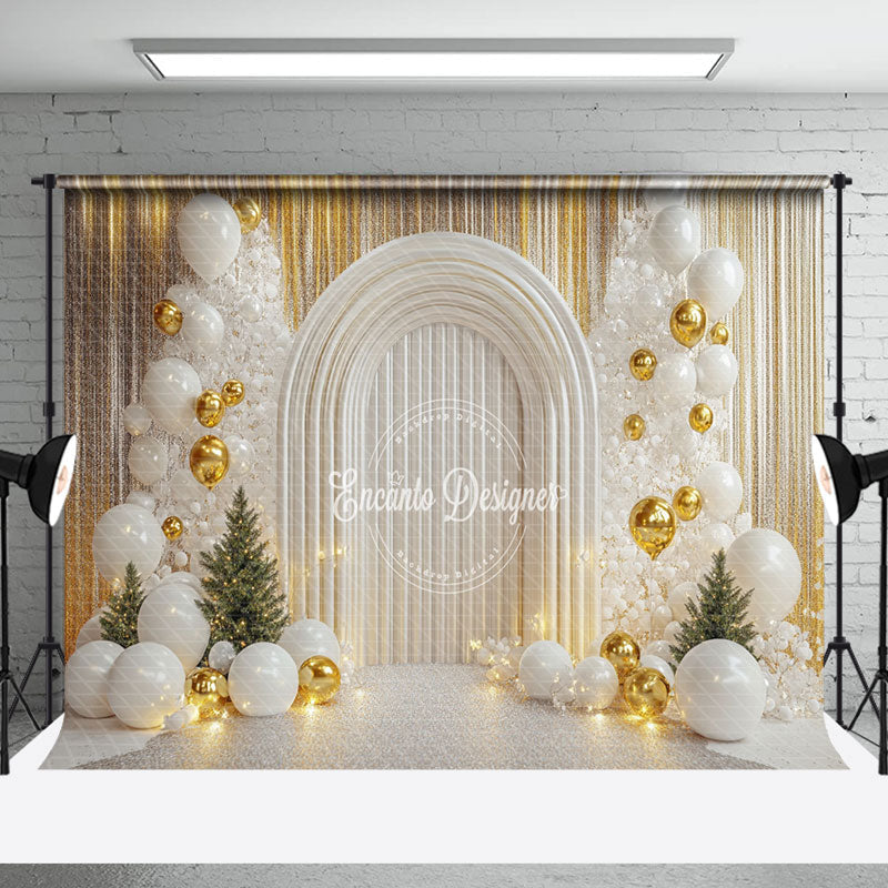 Aperturee - Aperturee Gold Curtain White Arch Balloons Christmas Backdrop