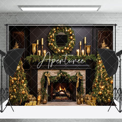 Aperturee - Aperturee Gold Decor Warm Fireplace Black Christmas Backdrop