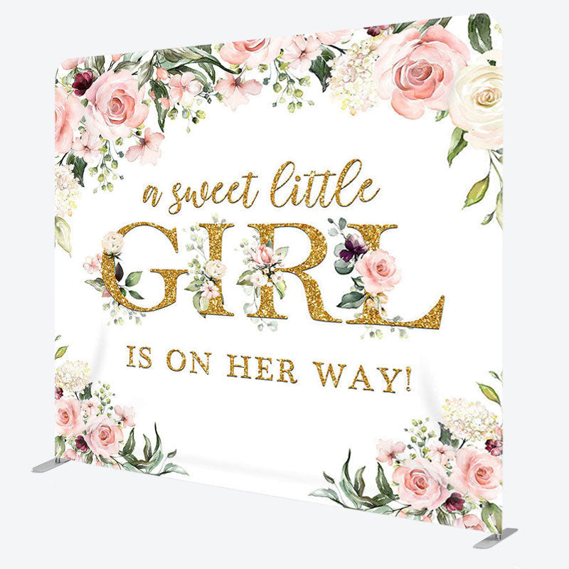 Aperturee - Aperturee Gold Girl Floral Fabric Backdrop Cover for Baby Shower