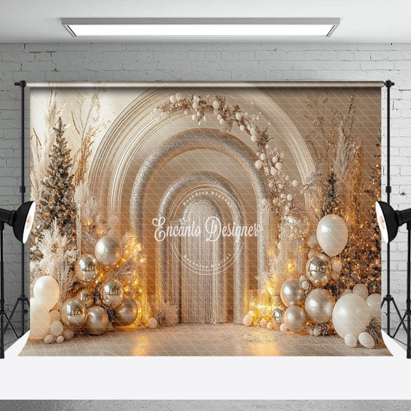 Aperturee - Aperturee Gold Glitter Arch Balloons Leaves Christmas Backdrop