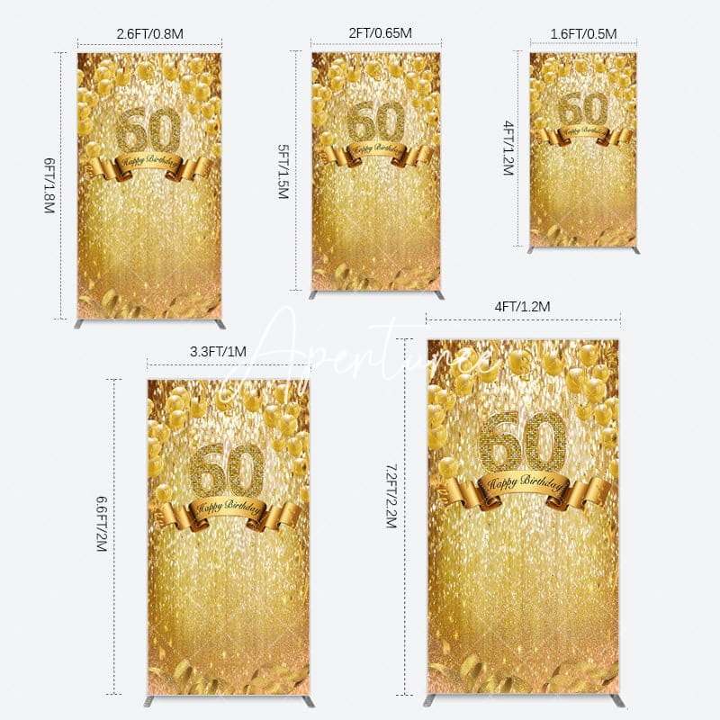 Aperturee - Aperturee Gold Glitter Balloons 60th Birthday Rectangle Backdrop