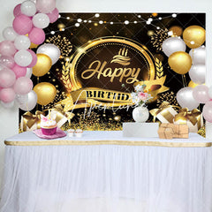 Aperturee - Aperturee Gold Glitter Balloons Crown Happy Birthday Backdrop